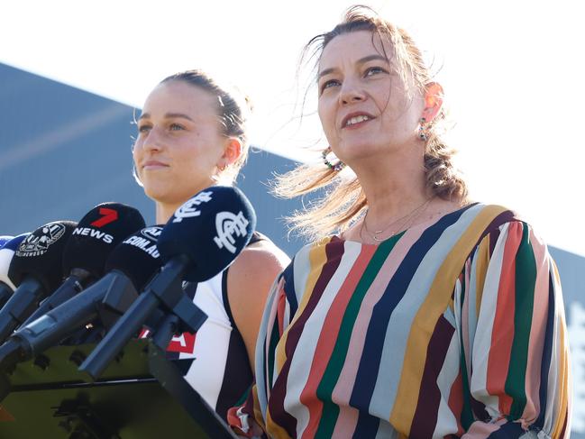 MELBOURNE, AUSTRALIA - MAY 06: (L-R) Ruby Schleicher of the Magpies and Emma Moore, General Manager of AFLW speak with media during the AFLW Media Opportunity announcing 100 days to go to the 2025 NAB AFLW season at Ikon Park on May 06, 2025 in Melbourne, Australia. (Photo by Michael Willson/AFL Photos via Getty Images)