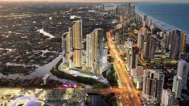 The Star Gold Coast Masterplan Development (viewed from the South) at its island site at Broadbeach where two existing towers will be joined by a third tower with a Dorsett hotel which started construction in August last year. A proposed further four towers are in the masterplan with a fourth fast-tracked for next year as Star ups the ante in the Gold Coast casino debate.