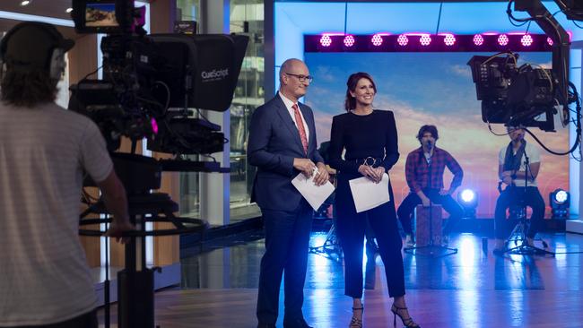 Sunrise hosts David Koch and Natalie Barr introduce American band Hanson at their city studio in Sydney. Photo: Nikki Short