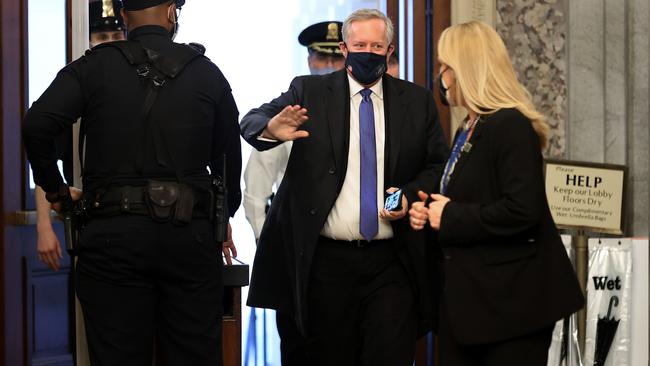 Former White House Chief of Staff Mark Meadows (C) arrives at the US Capitol for the first day of the impeachment trial. Picture: AFP.