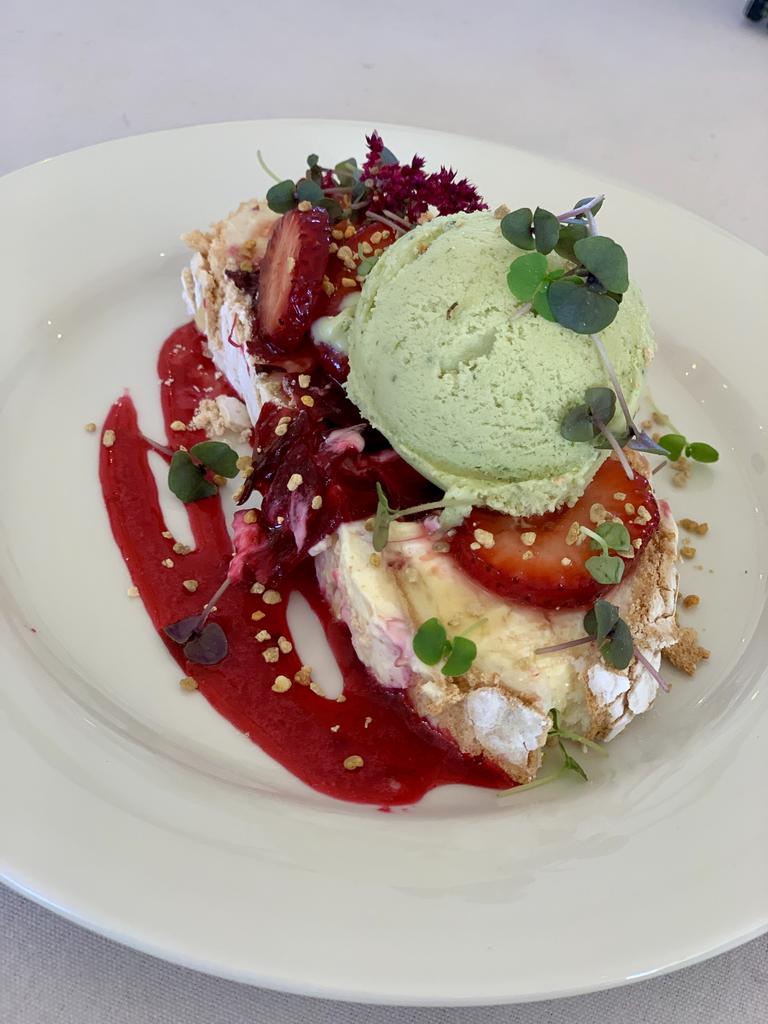 Dessert with sweet basil ice-cream at the end of a six-course meal at the 2021 St Lawrence Wetlands Weekend, with celebrity chef Matt Golinski, Pinnacle's The Flackyard chef Nik Flack and Glen Barratt from Wild Canary. Picture: Rae Wilson