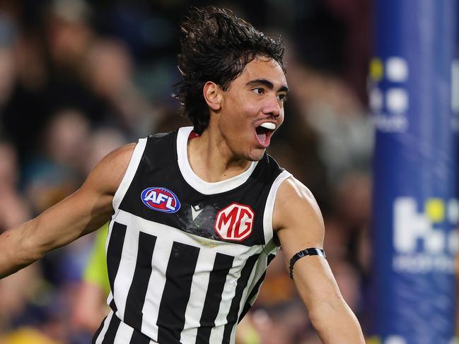 ADELAIDE, AUSTRALIA – AUG 17: Jase Burgoyne of the Power celebrates a goal during the 2024 AFL Round 23 match between the port Adelaide Power and the Adelaide Crows at Adelaide Oval on August 17, 2024 in Adelaide, Australia. (Photo by Sarah Reed/AFL Photos via Getty Images)