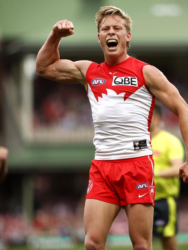 Heeney celebrates his first goal in the Swans’ thrilling qualifying final victory over GWS. Picture: Phil Hillyard