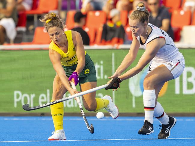 TERRASSA - Penny Squibb (AUS) and Lena Micheel (GER) during the consolation final between Australia and Germany at the Hockey World Cup. ANP / Dutch Height / Willem Vernes (Photo by ANP via Getty Images)