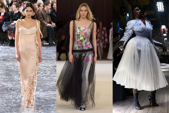 Above (L-R): Jean Paul Gaultier, Chanel, Maison MargielaThe girl, grown upThe girl of seasons past—ribbon-wearing, pink-pushing, ballet-loving—got a glow up in Paris. Designers approached the topic of girlhood with grit, fusing hyper-feminine silhouettes with edgier fabrics, but also more provocative ideas. This was the case at Jean Paul Gaultier and Maison Margiela, where rich colours and full skirts hinted at the romantic and the lurid. Chanel, meanwhile, leant into their brand of sophistication; tweed jackets over sheer skirts married maturity and youthfulness.
