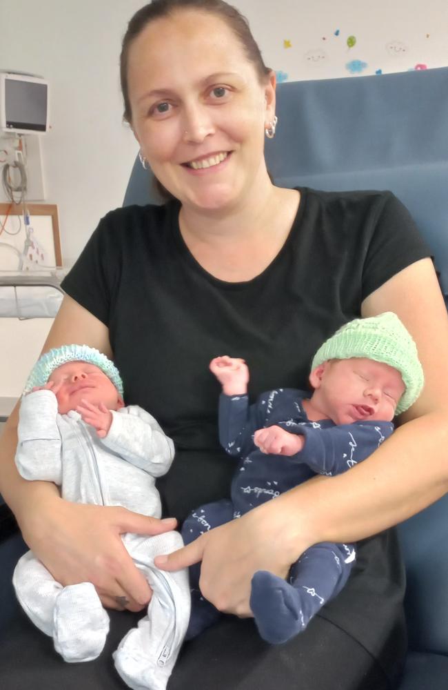 Dysart mum of four Amy Drinkwater with her premature twin boys, Hunter and Ryder, who were born at the Mackay Base Hospital on October 14, 2022. Picture: Contributed