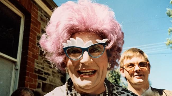 Barry Humphries as Edna Everage with Peter Goers in 1984 at the Performing Arts Collection, Norwood.