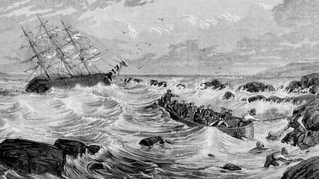 An 1866 depiction of a shipwreck at King Island. Rumours persist that some of the numerous wrecks were caused by pirates. Picture: State Library of Victoria