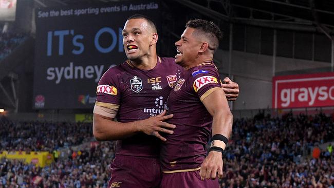 Dane Gagai celebrates after scoring his first half try. (AAP Image/Dan Himbrechts)