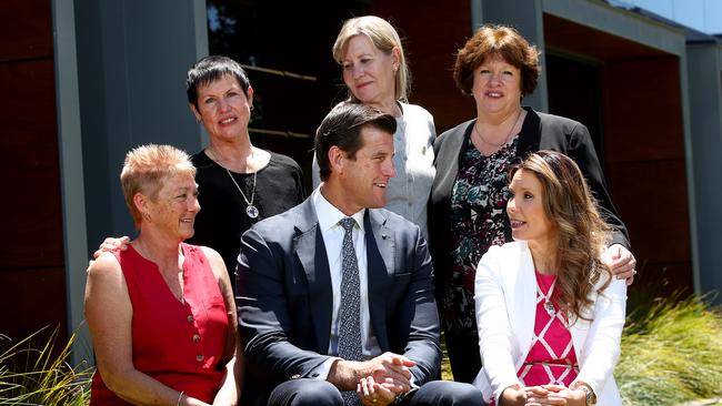 Victoria Cross recipient and Afghanistan veteran Ben Roberts-Smith pictured with the mothers of the young veterans who have taken their own life since serving for our country. L-R Jan Hewitt, Glenda Weston, Julie-Ann Finney, Colleen Pillen and Nikki Jamieson. Picture: Toby Zerna