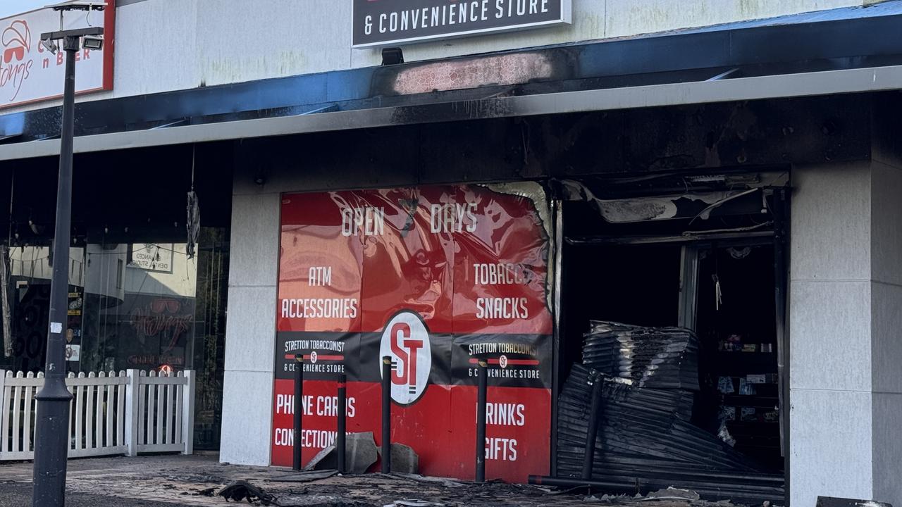 Initial investigations indicate four offenders drove a silver Mazda BT50 through the front doors of Stretton Tobacconist on Condamine St in Runcorn, before setting the vehicle alight about 1.30am.