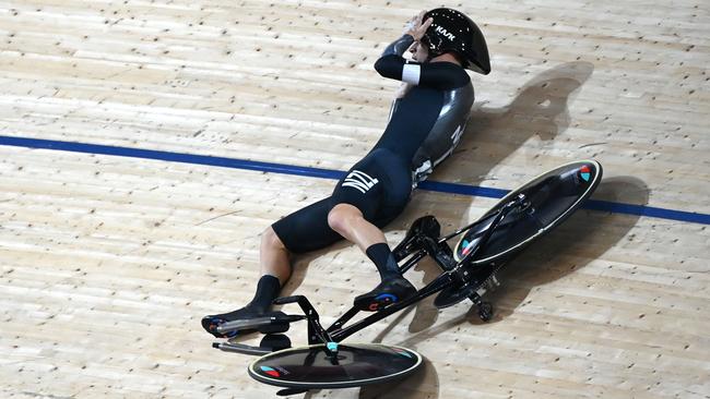 New Zealand’s Aaron Gate crashes out. Picture: AFP