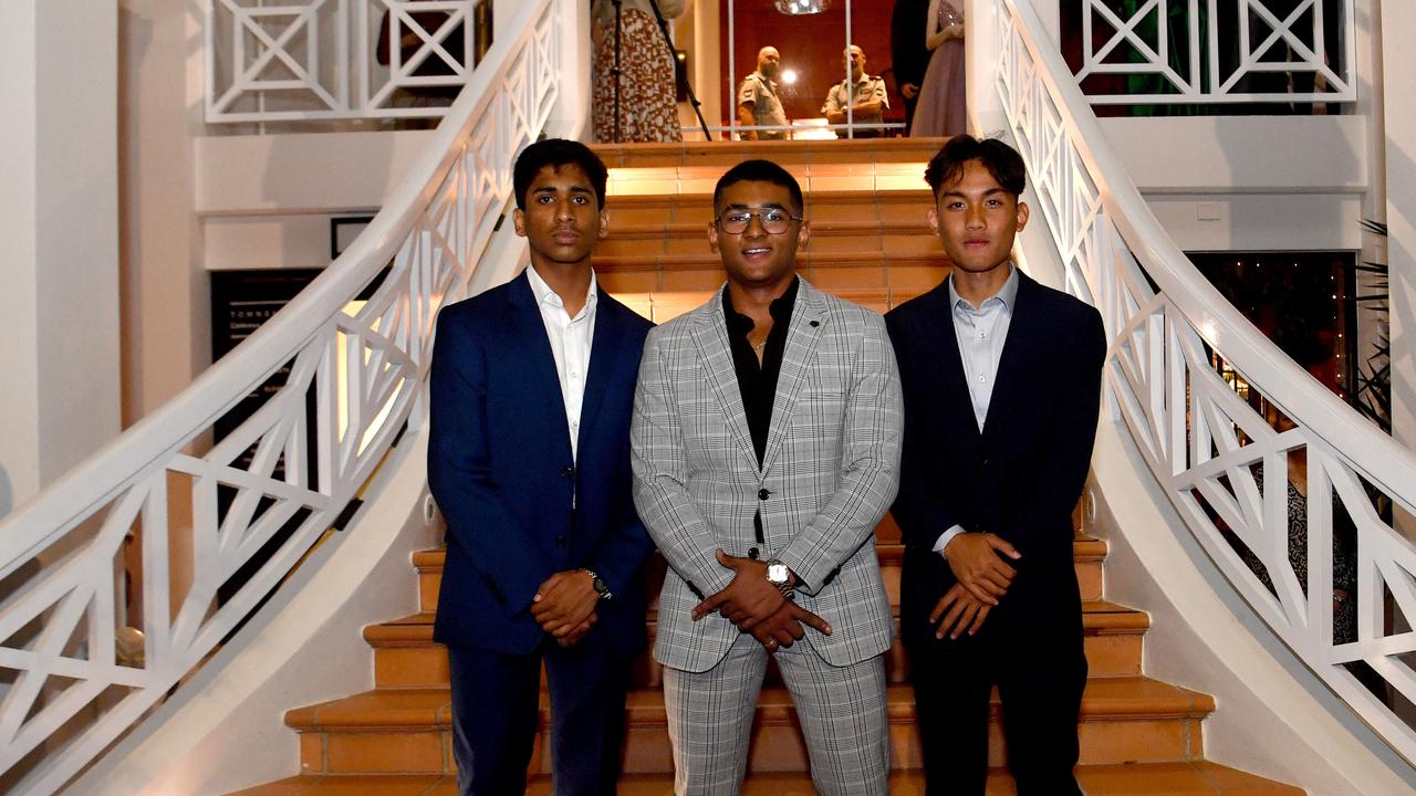 ANNANDALE CHRISTIAN COLLEGE school formal 2022 at Ridges Southbank. Jaise Jaimon, Allen Mangalaseril, Chrit Soe. Picture: Evan Morgan