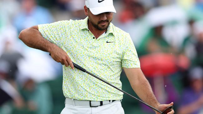 Jason Day reacts to his putt on the 18th green during the second round of the 2023 Masters Tournament at Augusta National Golf Club. Picture: Getty Images