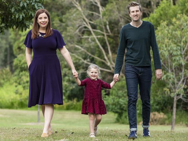 Federal Labor MP for Lilley Anika Wells with husband, Finn, and daughter, Celeste. Picture: Mark Cranitch.