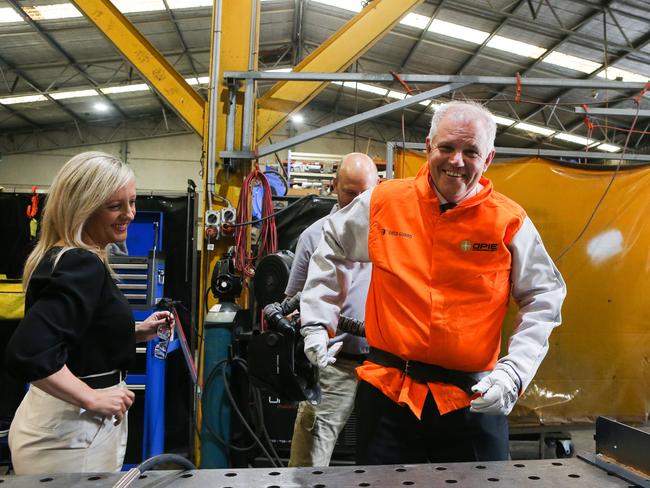 Prime Minister Scott Morrison visits Opie Manufacturing with Melissa McIntosh MP, Federal Member for Lindsay in Sydney. Picture: NCA Newswire / Gaye Gerard