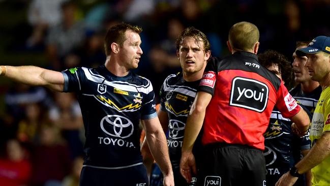 Michael Morgan argues with the referee. NRL; North Queensland Cowboys Vs West Tigers at 1300 Smiles Stadium. Picture: Alix Sweeney