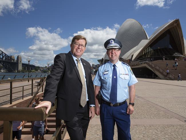 Police Minister Troy Grant and Acting Deputy Commissioner Mark Walton say security will be stepped up for New Year’s Eve. Picture: Justin Lloyd