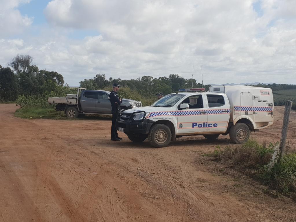 Police remain at the scene of the Wednesday, July 14, 2021 pineapple farm death. The incident occurred at Lake Mary Pines in Bungundarra.