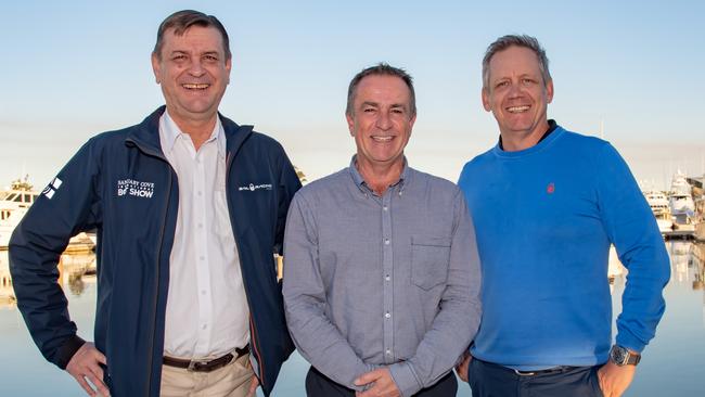 Sanctuary Cove general manager Stephen Anderson (left), new Sanctuary Cove Marina general manager Steve Sammes (centre) and Sanctuary Cove International Boat Show general manager Johan Hasser