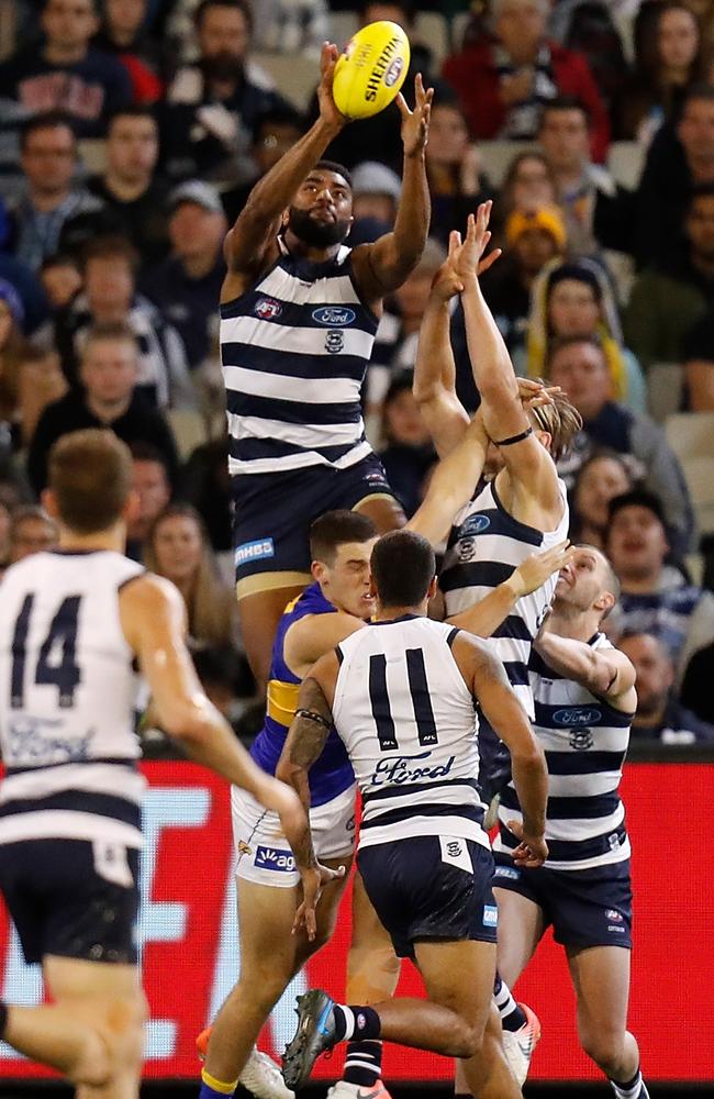 Esava Ratugolea soars above a pack during Geelong’s semi-final win over West Coast. Picture: Michael Willson/AFL Photos via Getty Images.