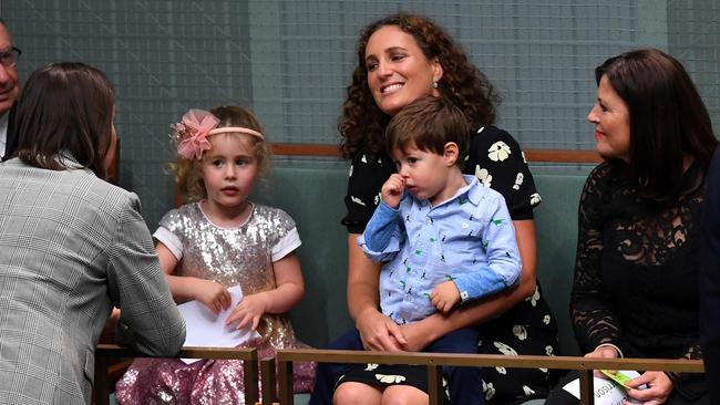 Treasurer Josh Frydenberg's wife Amie with children Gemma and Blake, speaks with Minister for Jobs Kelly O’Dwyer (left) and Jenny Morrison (right) ahead of husband Josh Frydenberg handing down his first Federal Budget. AAP Image/Lukas Coch