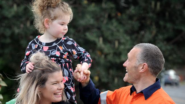 Chelsea Heights mum Chloe Tuff and her three-year-old daughter Amelia reunite with council worker Scott Walker. Picture: Andrew Henshaw