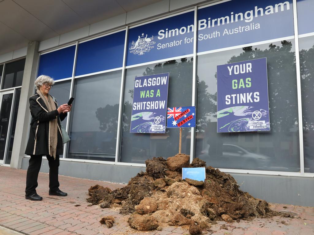 Climate change activists dumped a pile of manure in front of Simon Birmingham’s Adelaide office in protest of Australia's contribution to the COP26 climate summit. Picture: NCA NewsWire / Dean Martin