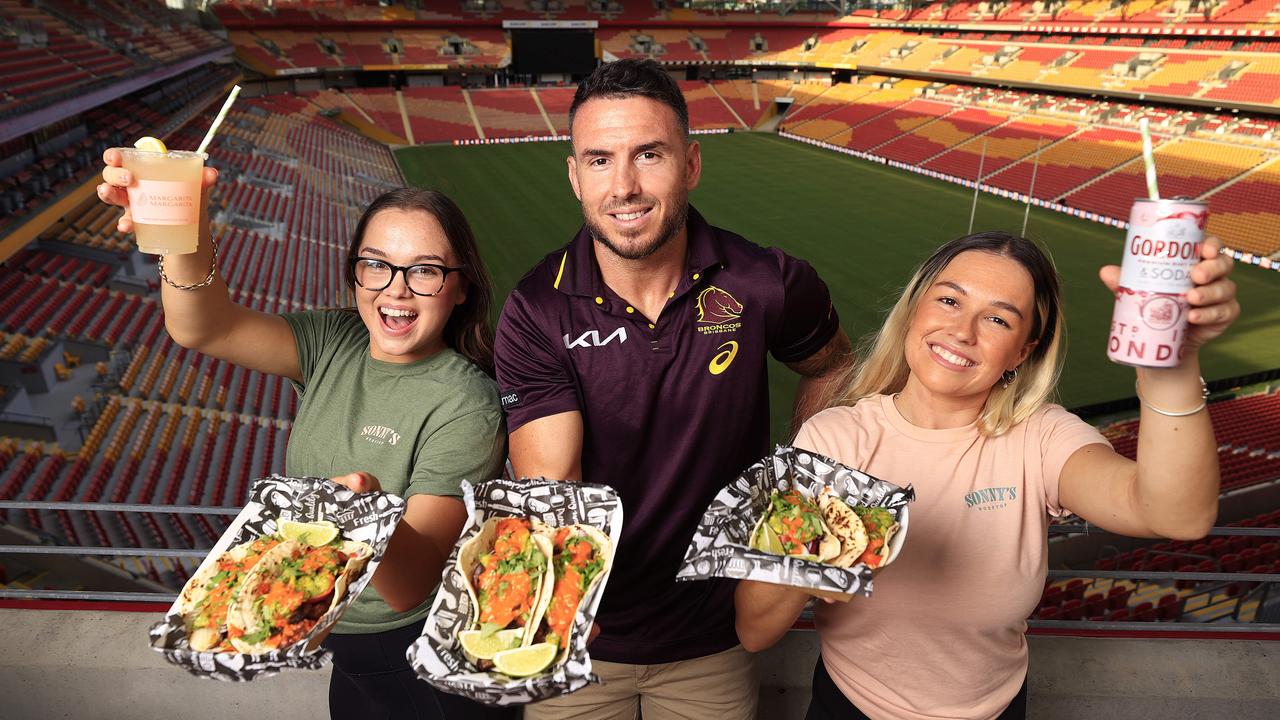 Caity Armstrong, Darius Boyd and Kelsey Rodrigues at the new Mexican rooftop restaurant and bar, Sonny’s, about to launch at Suncorp Stadium. Picture: Adam Head