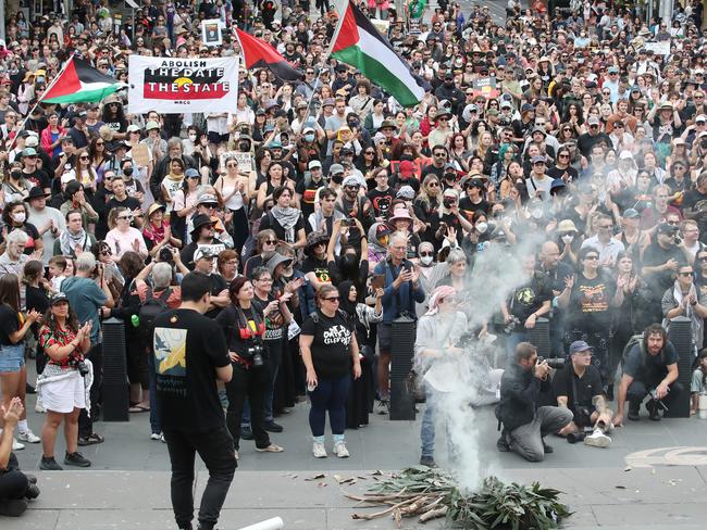 Invasion day protest in Melbourne CBD on Australia Day. Front of Parliament. Sunday, 26 January. 2025. Picture: David Crosling