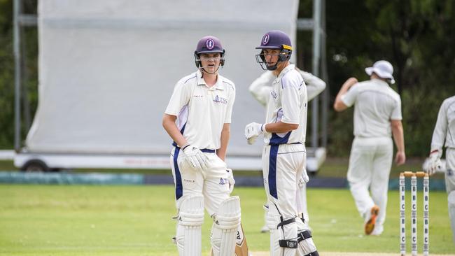 Jack Hocart and Tom Gossett from TSS in the GPS cricket game between Brisbane Boys College BBC and Southport TSS at Oakman Park, Taringa, Saturday, March 14, 2020 (AAP Image/Richard Walker)