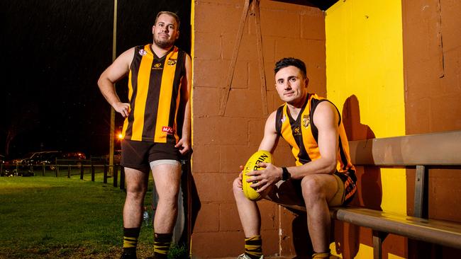 Hackham Football Club’s Chris Smith and Luke Allan are preparing for the club’s debut in the Adelaide Footy League. Picture: Morgan Sette