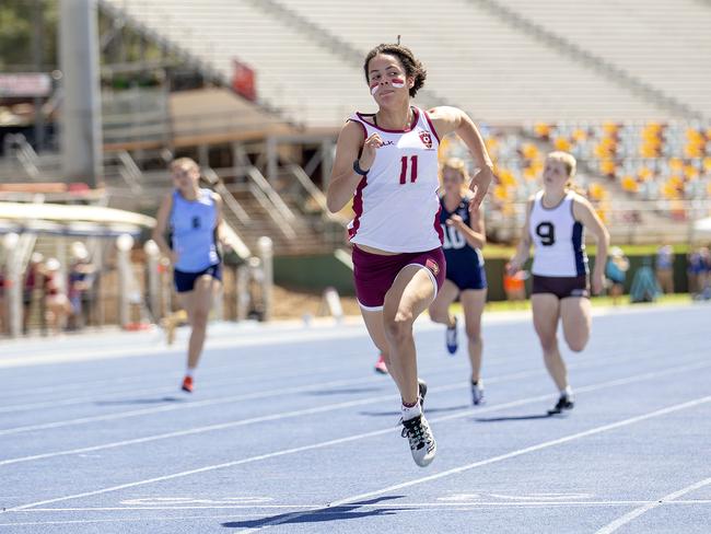 Torrie Lewis 15, St Peters, 100M at the QGSSSA schoolgirl athletics sports carnival at the Queensland sport and Athletics Centre, Mount Gravatt, Thursday September 17, 2020. (Image Sarah Marshall)