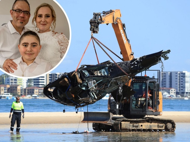 A heartbroken father and husband “distressingly witnessed” a horror helicopter crash that killed his wife and left his son in a critical condition.