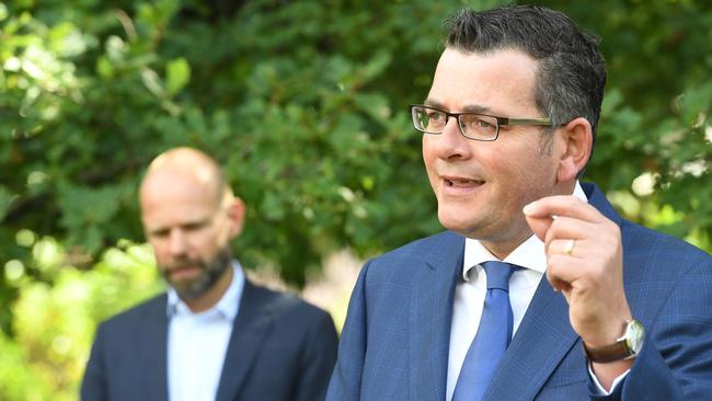 Daniel Andrews, right, says he will talk to the federal government about ‘bespoke’ accommodation for ­returning travellers. Picture: Penny Stephens