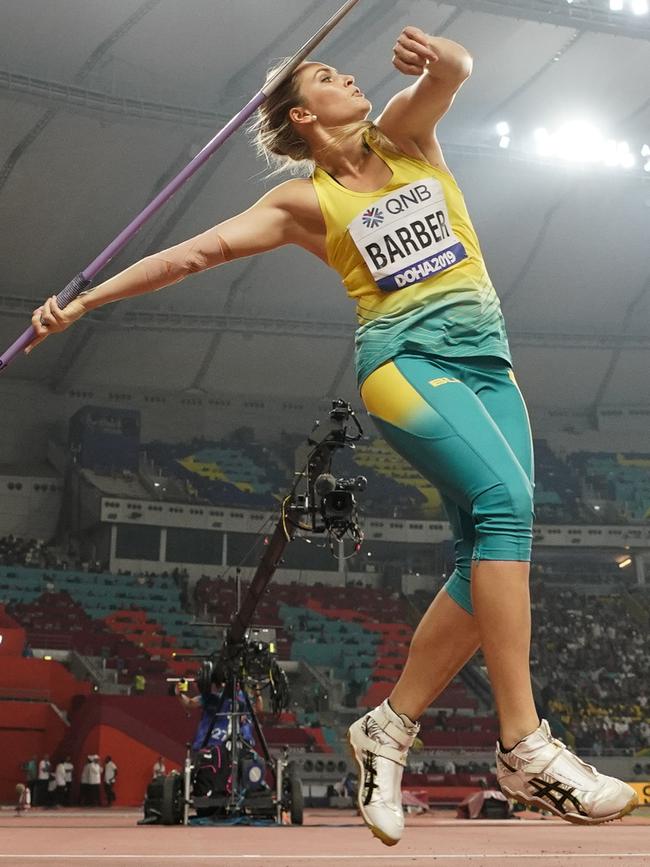 Australia’s Kelsey-Lee Barber final throw to win the javelin world title at the World Athletics Championships in Doha, Qatar on Tuesday. Picture: AP PHOTO/DAVID J. PHILLIP