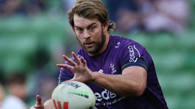 MELBOURNE, AUSTRALIA - AUGUST 24: Christian Welch of the Storm warms up before the round 25 NRL match between Melbourne Storm and Dolphins at AAMI Park, on August 24, 2024, in Melbourne, Australia. (Photo by Daniel Pockett/Getty Images)