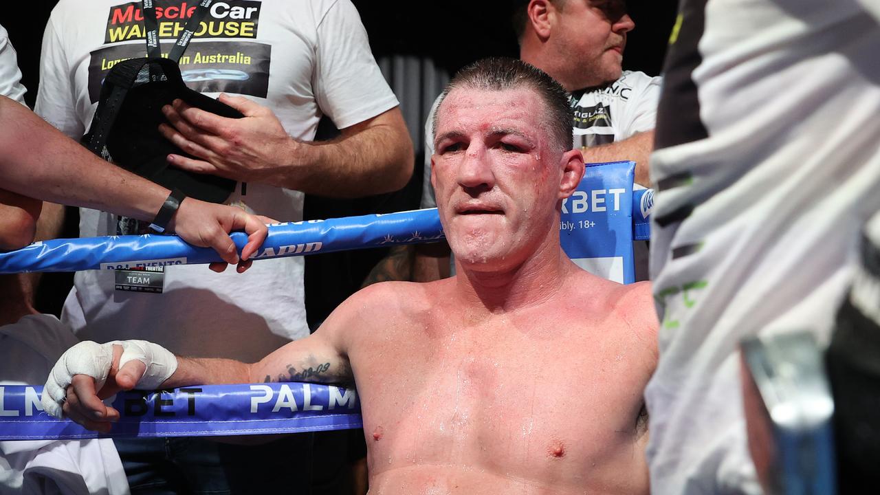Pictured is boxer Paul Gallen after being beaten by his opponent Justis Huni in their bout for the Australian Heavyweight Title held at the ICC in Sydney. Picture: Richard Dobson