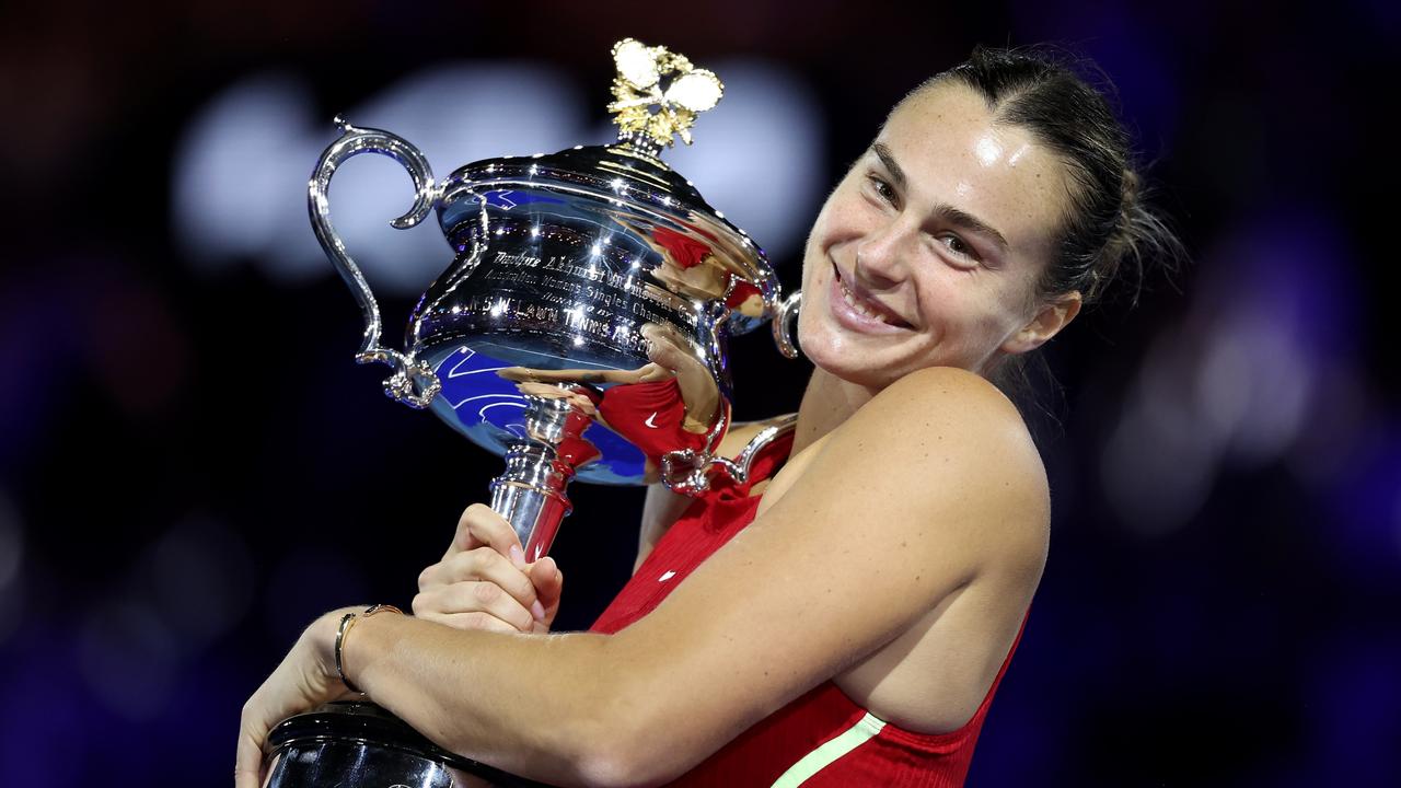 Aryna Sabalenka all smiles after winning her second Australian Open title in 2024. Picture: Julian Finney/Getty Images