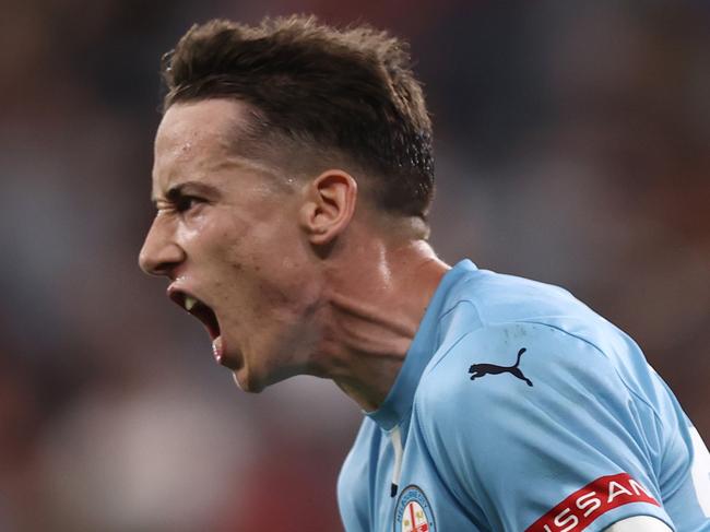 SYDNEY, AUSTRALIA - APRIL 19: Kai Trewin of Melbourne City celebrates scoring a goal during the round 27 A-League Men match between Western Sydney Wanderers and Melbourne City at CommBank Stadium on April 19, 2025 in Sydney, Australia. (Photo by Jason McCawley/Getty Images)
