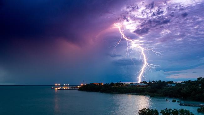 A slow moving lightning storm passes over Larrakeyah Barracks, Darwin. Picture: Che Chorley