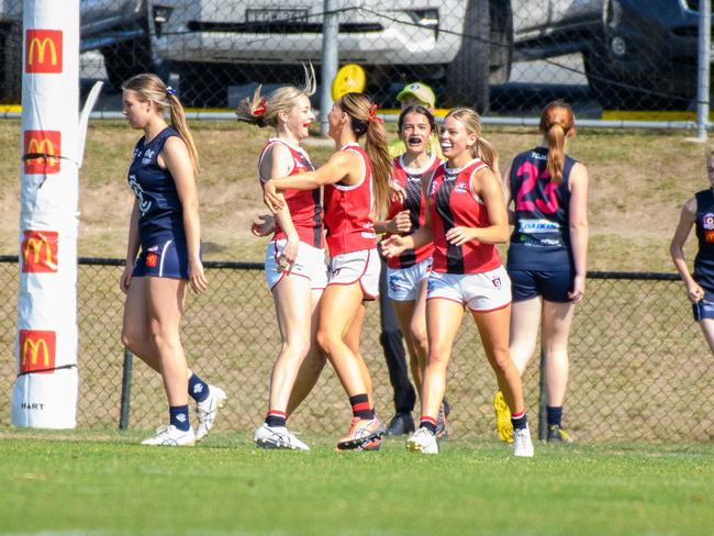 Celebrating a goal - The Victoria Point under 17s had a win over Tweed Coolangatta.