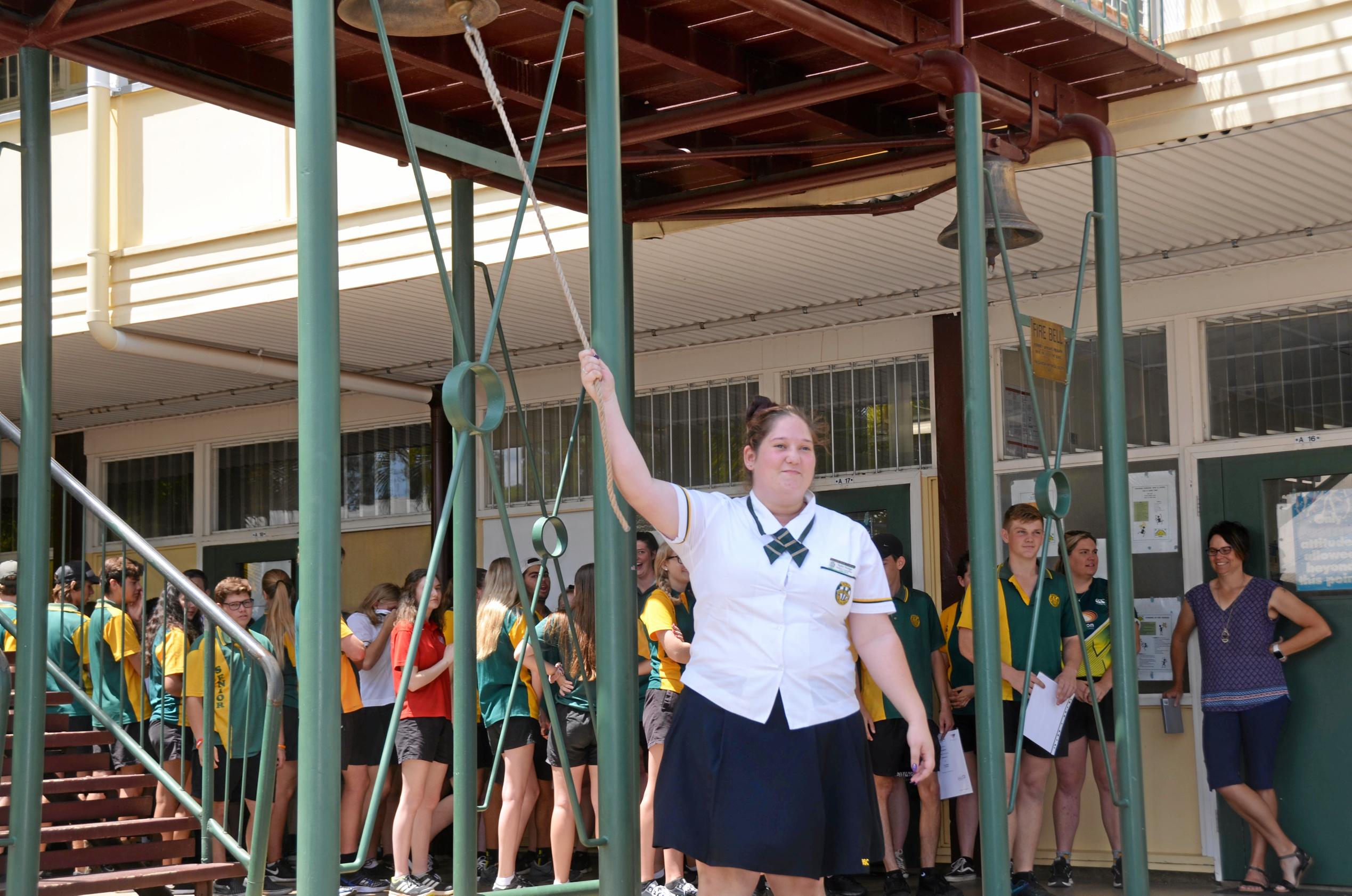 Burnett State College had 39 Year 12 graduates ring the school bell before they walked out the gates as students for the last time. Picture: Felicity Ripper