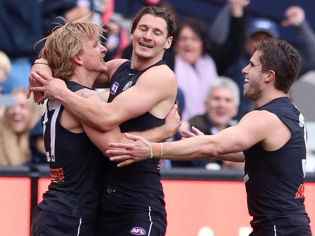 AFL Round 12. Carlton v Port Adelaide at MCG in Melbourne. Dennis Armfield goal. Picture: Alex Coppel.