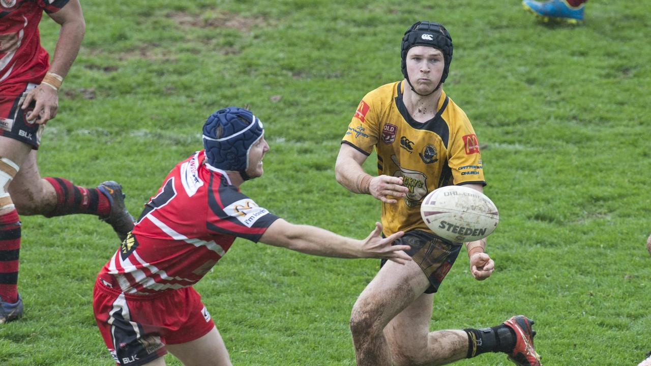 Matthew Schulze, Valleys and Aiden Schmidt, Gatton. TRL Reserve grade Grand Final Gatton vs Valleys. Saturday Sep 17, 2016.