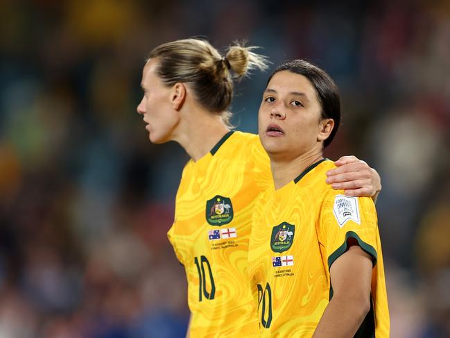 Sam Kerr is consoled by Emily van Egmond after Australia’s 3-1 World Cup defeat to England. Picture: Getty