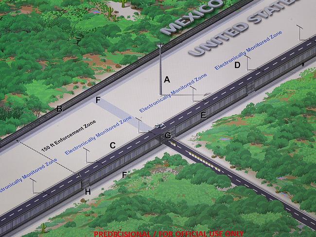 This photo show a concept illustration of a U.S.-Mexico border enforcement zone during a news conference where U.S. Customs and Border Protection Acting Deputy Commissioner Ronald Vitiello, announced Thursday, Aug. 31, 2017 in Washington, the selected vendors for construction of the concrete wall prototypes for the border wall. (AP Photo/Manuel Balce Ceneta)