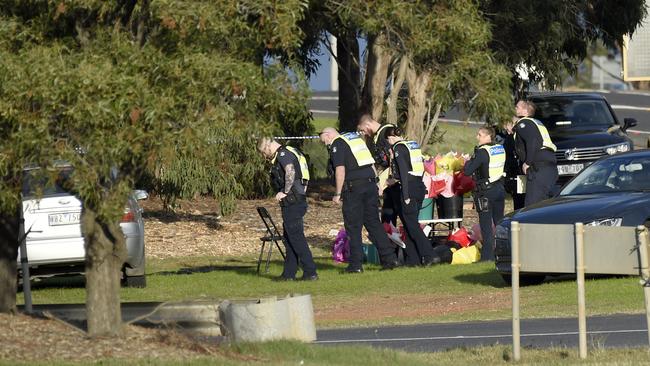 Police at the scene of the shooting on Gisborne-Melton Road in Melton. Picture: Andrew Henshaw