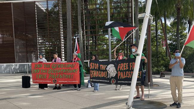 Protesters gather outside Gold Coast City Council chambers on Tuesday 28 May 24 to demand Council sever sister city ties with Netanya, Israel. Picture: Paul Weston