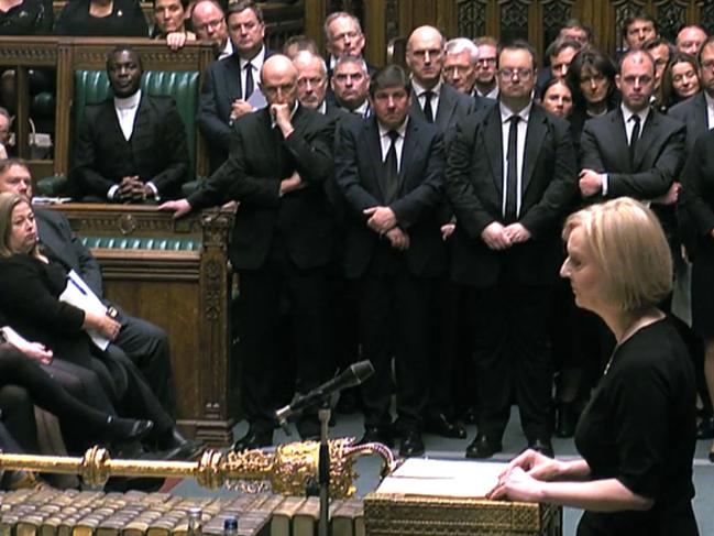 Britain's Prime Minister Liz Truss leads tributes to the Queen in the House of Commons. Picture: AFP.